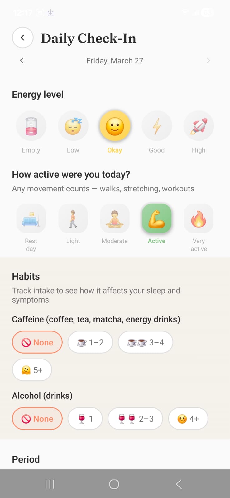 MidTide daily check-in with mood, symptoms, habits, and period tracking