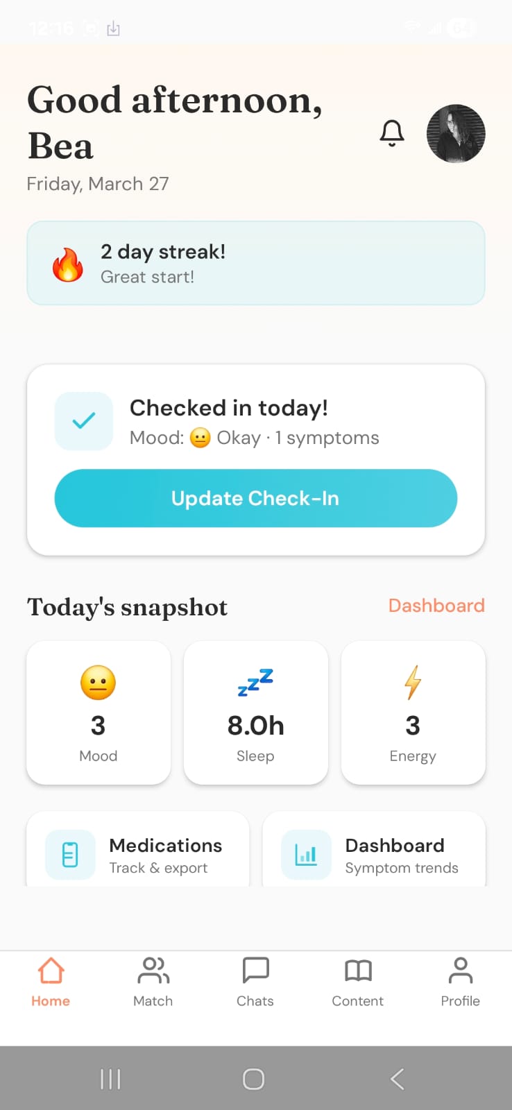 MidTide home screen with daily check-in, streak tracking, and quick actions