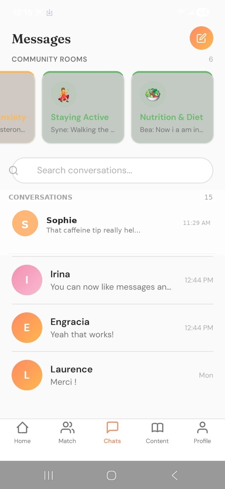 MidTide messages screen with community rooms for Sleep Support, Hot Flashes, HRT Talk